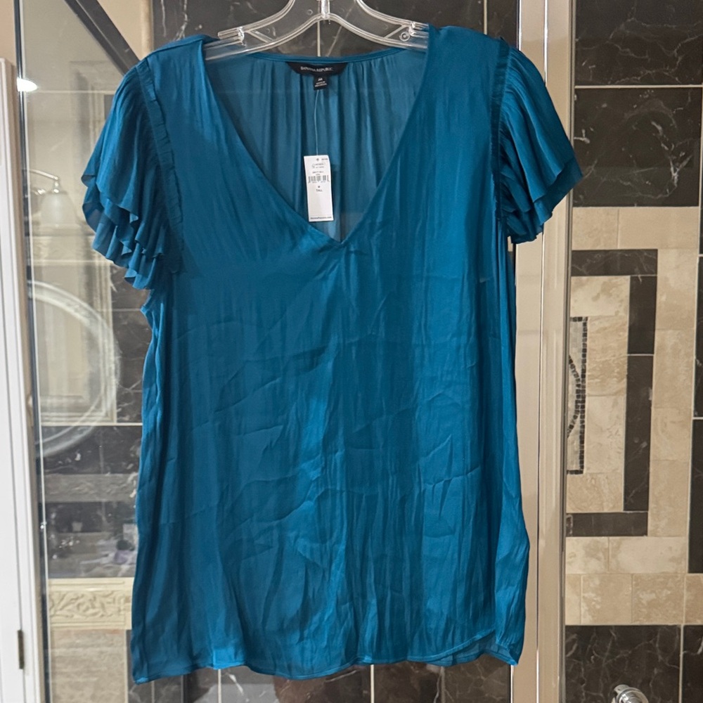 Dana Buchman Teal V-Neck Ruffled Sleeve Blouse